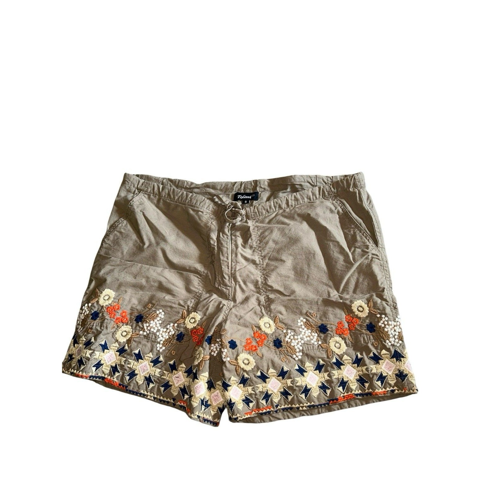 Tolani Womens S Shorts Embroidered Floral Cottagecore Tan Boho Coastal